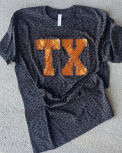 Load image into Gallery viewer, Texas sequin leopard shirt, Adult, Youth, Toddler, Black Leopard t shirt, Texas shirt, TX shirt, glitter, Sparkle, Texas shirt