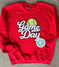 Load image into Gallery viewer, Gameday Softball Chenille patch sweatshirt, Choose your team colors, Softball shirt, Softball mom, school sweatshirt, custom team colors,