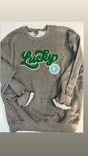 Load image into Gallery viewer, St. Patrick’s Day chenille patch sweatshirt, Lucky chenille patch sweatshirt, St. Pattys Day patch, Irish, Green Lucky patch,