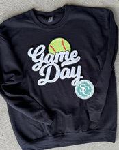 Load image into Gallery viewer, Gameday Softball Chenille patch sweatshirt, Choose your team colors, Softball shirt, Softball mom, school sweatshirt, custom team colors,