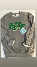 Load image into Gallery viewer, St. Patrick’s Day chenille patch sweatshirt, Lucky chenille patch sweatshirt, St. Pattys Day patch, Irish, Green Lucky patch,