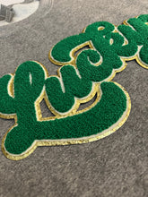 Load image into Gallery viewer, St. Patrick’s Day chenille patch sweatshirt, Lucky chenille patch sweatshirt, St. Pattys Day patch, Irish, Green Lucky patch,