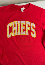 Load image into Gallery viewer, CHIEFS shirt, T shirt, Sweatshirt, Long sleeve, Sequin Applique, Chiefs shirt, Custom mascot sweatshirt, gameday, bling shirt