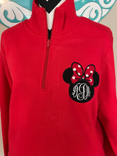Load image into Gallery viewer, Minnie Mouse with bow Monogram sweatshirt, Women’s zip up, quarter zip, mouse ears, monogram, embroidered,