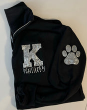 Load image into Gallery viewer, Black Kentucky Sequins Pullover | Quarter Zip sweatshirt| KY quarter zip | Womens Pullover Sweatshirt | 1/4 zip| Embroidered | Bling | Paw print