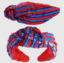 Load image into Gallery viewer, Gameday sequin headband, Seed Bead, blue knotted, preppy headband, comfy headband, trendy headband, gameday, football