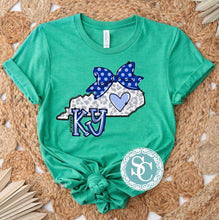 Load image into Gallery viewer, Kentucky Bow Shirt |Green Preppy Kentucky Tshirt | Blue polka dot Ky shirt | State of Kentucky Sweatshirt| Toddler youth adult |