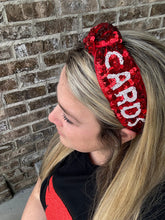 Load image into Gallery viewer, Cardinals Headband, Red and white sequin headband, Cards,  Seed Bead, red knotted, preppy headband, trendy, gameday, football,