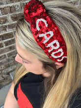 Load image into Gallery viewer, Cardinals Headband, Red and white sequin headband, Cards,  Seed Bead, red knotted, preppy headband, trendy, gameday, football,