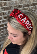 Load image into Gallery viewer, Cardinals Headband, Red and white sequin headband, Cards,  Seed Bead, red knotted, preppy headband, trendy, gameday, football,