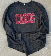 Load image into Gallery viewer, Cardinals Sweatshirt| Sequin CARDS Applique Sweatshirt | Varsity letters |Cardinals | sweatshirt| Oversized raw hem| Embroidered| Leopard