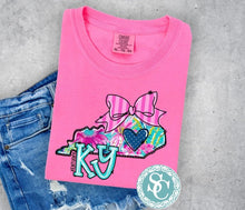 Load image into Gallery viewer, Kentucky Bow Shirt |Neon Pink Preppy Kentucky Tshirt |Blue polka dot Ky shirt |State of Kentucky Shirt | adult | Comfort Colors |