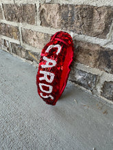 Load image into Gallery viewer, Cardinals Headband, Red and white sequin headband, Cards,  Seed Bead, red knotted, preppy headband, trendy, gameday, football,