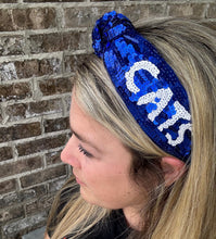 Load image into Gallery viewer, Kentucky Headband, Blue and white sequin headband, Wildcats,  Seed Bead, blue knotted, preppy headband, trendy, gameday, football, Kentucky