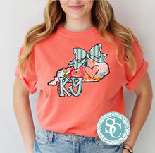 Load image into Gallery viewer, Kentucky Bow Shirt |Bright salmon| Preppy Kentucky Tshirt |Green polka dot Ky shirt |State of Kentucky Shirt | adult | Comfort Colors |