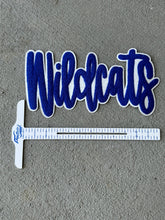 Load image into Gallery viewer, Wildcats cursive chenille patch, Royal blue and white, Kentucky patch, white glitter backing, Wildcats game day, iron on patch, diy patch