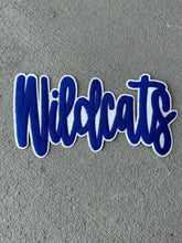 Load image into Gallery viewer, Wildcats cursive chenille patch, Royal blue and white, Kentucky patch, white glitter backing, Wildcats game day, iron on patch, diy patch