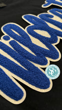 Load image into Gallery viewer, Wildcats cursive chenille patch, Royal blue and white, Kentucky patch, white glitter backing, Wildcats game day, iron on patch, diy patch