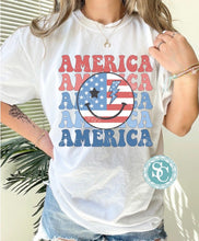 Load image into Gallery viewer, USA Smiley Shirt, Red White and Blue Shirt, July 4 Graphic Tee, Retro Smiley Face Shirt, USA Shirt,Patriotic Tee,America Tee, Comfort Colors