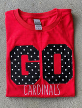 Load image into Gallery viewer, Cardinals t shirt, Teacher tee, trendy, personalized school, CARDS,GO Cardinals, School spirit, Applique, polkadot,school mascot