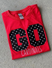 Load image into Gallery viewer, Cardinals t shirt, Teacher tee, trendy, personalized school, CARDS,GO Cardinals, School spirit, Applique, polkadot,school mascot
