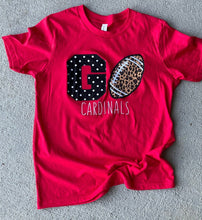 Load image into Gallery viewer, Cardinals t shirt, Customized team shirt, School spirit, CARDS, GO Cardinals, Applique, Leopard, football, School Mascot