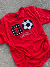 Load image into Gallery viewer, Cardinals t shirt , AdulT, Youth, Toddler, CARDS, GO Cardinals, tailgating shirt, Kentucky shirt, Applique, Leopard, soccer