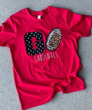 Load image into Gallery viewer, Cardinals t shirt, Customized team shirt, School spirit, CARDS, GO Cardinals, Applique, Leopard, football, School Mascot