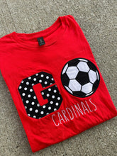Load image into Gallery viewer, Cardinals t shirt , AdulT, Youth, Toddler, CARDS, GO Cardinals, tailgating shirt, Kentucky shirt, Applique, Leopard, soccer