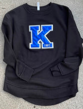 Load image into Gallery viewer, Kentucky Sweatshirt| Glitter K Applique | Power K| Varsity letters |Wildcats | University sweatshirt| Oversized raw hem| Embroidered