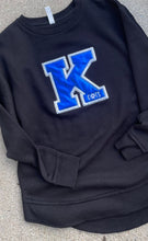 Load image into Gallery viewer, Kentucky Sweatshirt| Glitter K Applique | Power K| Varsity letters |Wildcats | University sweatshirt| Oversized raw hem| Embroidered