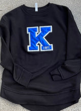 Load image into Gallery viewer, Kentucky Sweatshirt| Glitter K Applique | Power K| Varsity letters |Wildcats | University sweatshirt| Oversized raw hem| Embroidered