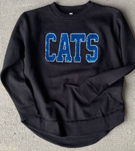 Load image into Gallery viewer, Kentucky Sweatshirt| Sequin CATS Applique Sweatshirt | Varsity letters |Wildcats | University sweatshirt| Oversized raw hem| Embroidered