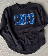 Load image into Gallery viewer, Kentucky Sweatshirt| Sequin CATS Applique Sweatshirt | Varsity letters |Wildcats | University sweatshirt| Oversized raw hem| Embroidered