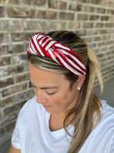 Load image into Gallery viewer, Red and white sequin headband, Seed Bead, red knotted, preppy headband, comfy headband, trendy headband, gameday, football, Cardinals,