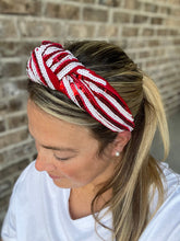 Load image into Gallery viewer, Red and white sequin headband, Seed Bead, red knotted, preppy headband, comfy headband, trendy headband, gameday, football, Cardinals,