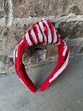 Load image into Gallery viewer, Red and white sequin headband, Seed Bead, red knotted, preppy headband, comfy headband, trendy headband, gameday, football, Cardinals,